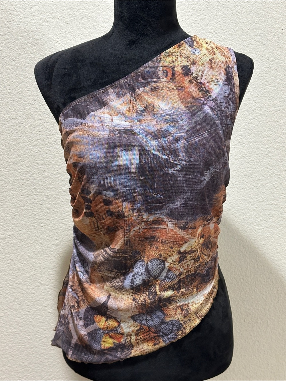 One-Shoulder Abstract Mesh Print Top - Brown & Purple Tones